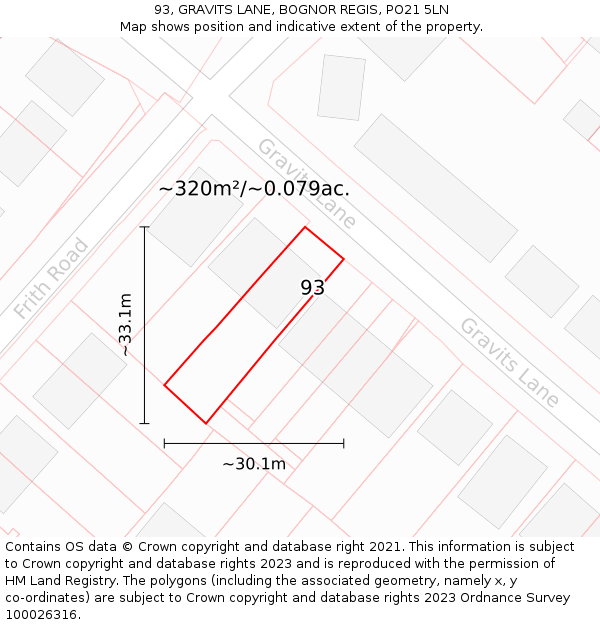 93, GRAVITS LANE, BOGNOR REGIS, PO21 5LN: Plot and title map