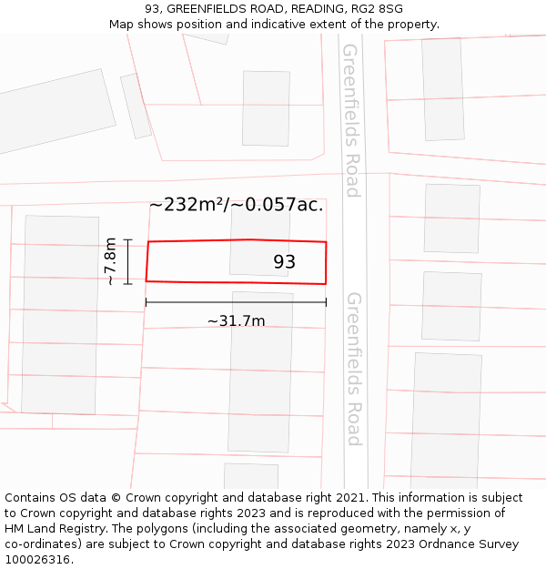 93, GREENFIELDS ROAD, READING, RG2 8SG: Plot and title map