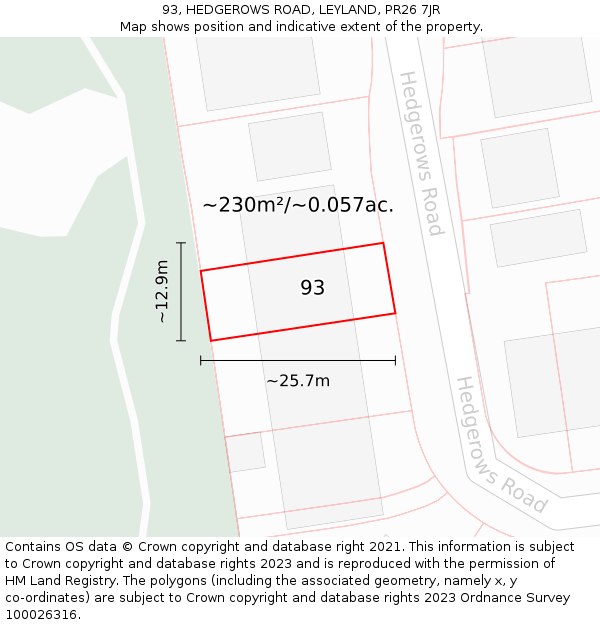 93, HEDGEROWS ROAD, LEYLAND, PR26 7JR: Plot and title map