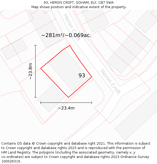 93, HERON CROFT, SOHAM, ELY, CB7 5WA: Plot and title map