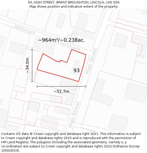 93, HIGH STREET, BRANT BROUGHTON, LINCOLN, LN5 0SA: Plot and title map