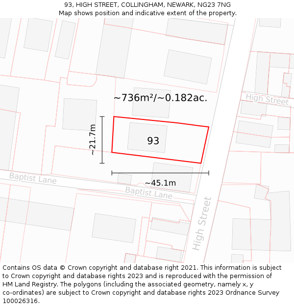 93, HIGH STREET, COLLINGHAM, NEWARK, NG23 7NG: Plot and title map