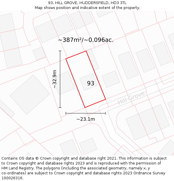 93, HILL GROVE, HUDDERSFIELD, HD3 3TL: Plot and title map