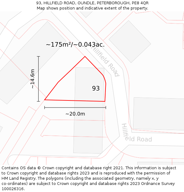 93, HILLFIELD ROAD, OUNDLE, PETERBOROUGH, PE8 4QR: Plot and title map