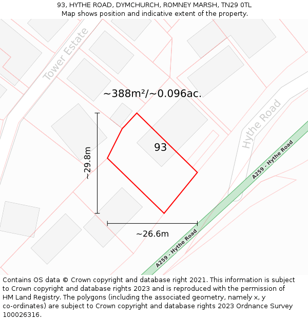 93, HYTHE ROAD, DYMCHURCH, ROMNEY MARSH, TN29 0TL: Plot and title map