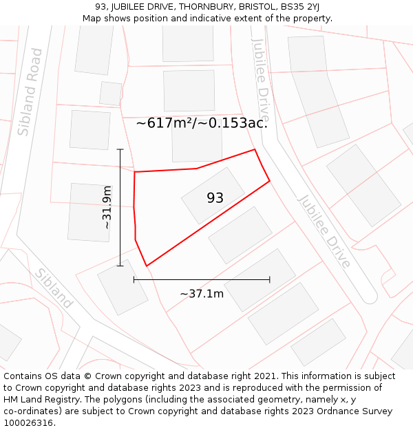 93, JUBILEE DRIVE, THORNBURY, BRISTOL, BS35 2YJ: Plot and title map