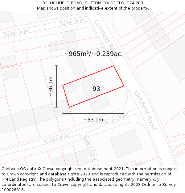 93, LICHFIELD ROAD, SUTTON COLDFIELD, B74 2RR: Plot and title map