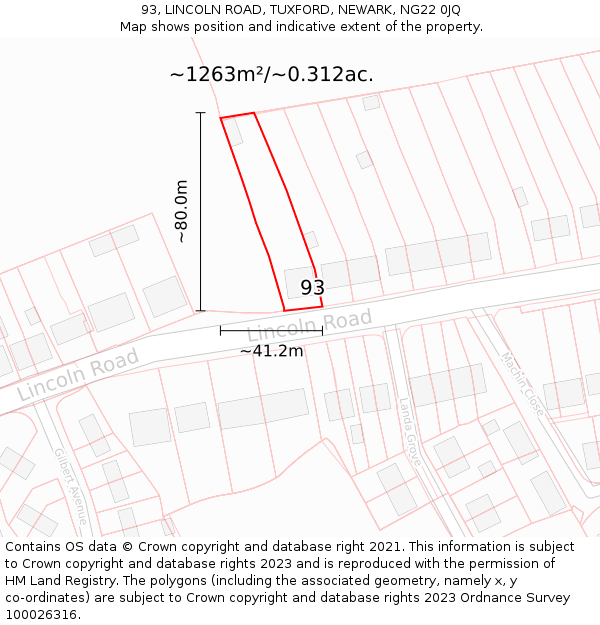 93, LINCOLN ROAD, TUXFORD, NEWARK, NG22 0JQ: Plot and title map