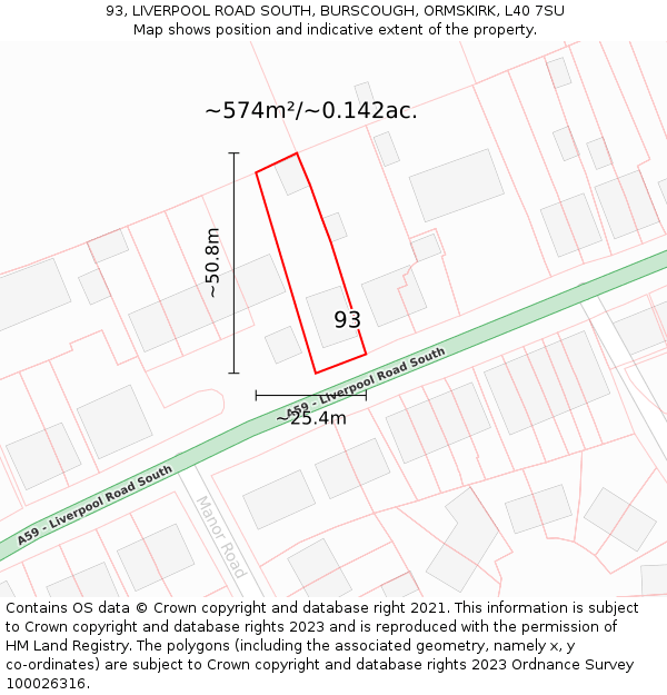 93, LIVERPOOL ROAD SOUTH, BURSCOUGH, ORMSKIRK, L40 7SU: Plot and title map