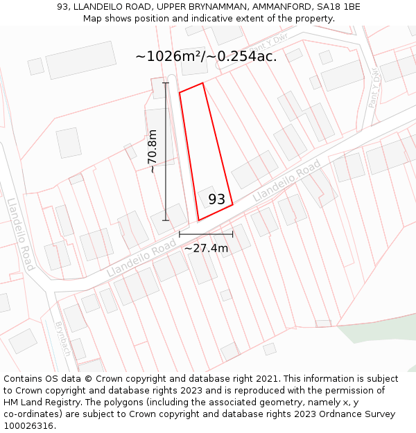 93, LLANDEILO ROAD, UPPER BRYNAMMAN, AMMANFORD, SA18 1BE: Plot and title map