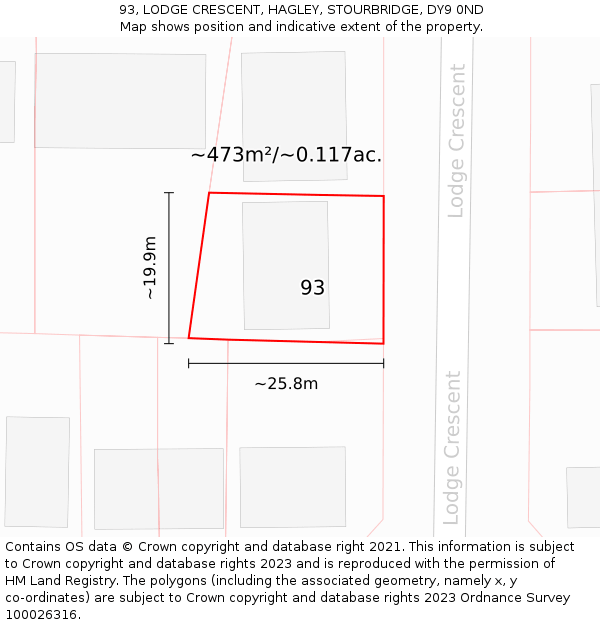 93, LODGE CRESCENT, HAGLEY, STOURBRIDGE, DY9 0ND: Plot and title map