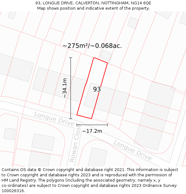 93, LONGUE DRIVE, CALVERTON, NOTTINGHAM, NG14 6QE: Plot and title map