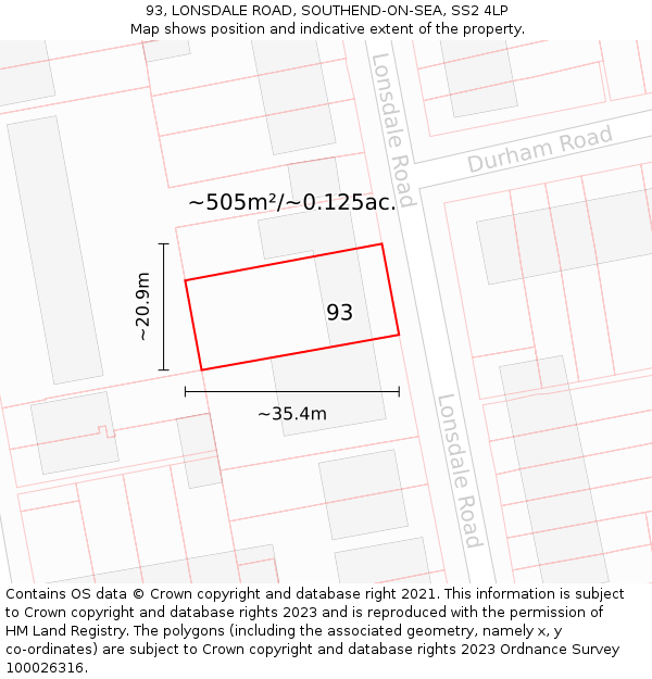 93, LONSDALE ROAD, SOUTHEND-ON-SEA, SS2 4LP: Plot and title map