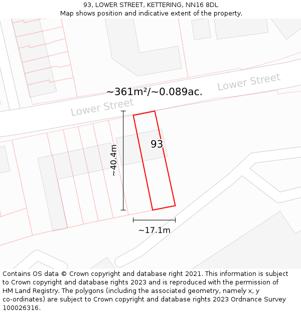 93, LOWER STREET, KETTERING, NN16 8DL: Plot and title map