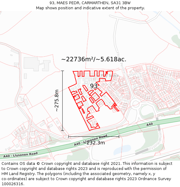 93, MAES PEDR, CARMARTHEN, SA31 3BW: Plot and title map