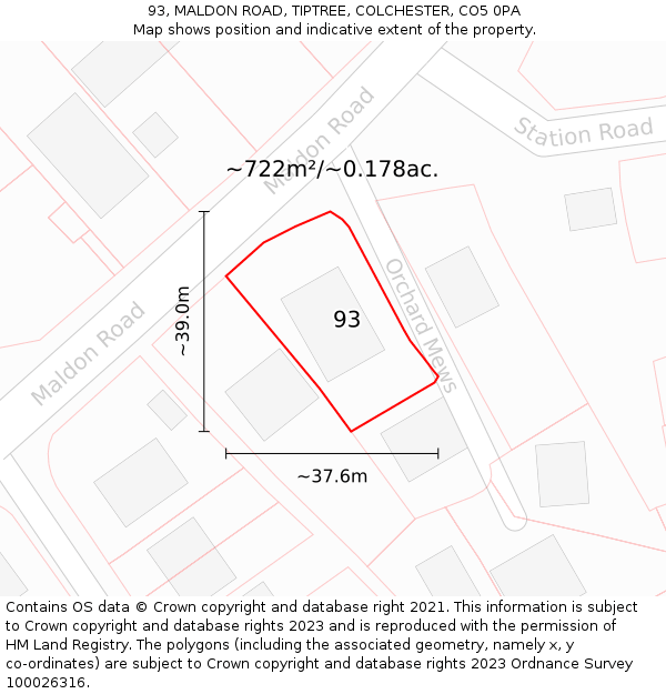 93, MALDON ROAD, TIPTREE, COLCHESTER, CO5 0PA: Plot and title map