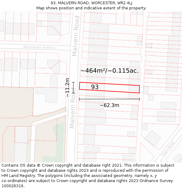 93, MALVERN ROAD, WORCESTER, WR2 4LJ: Plot and title map