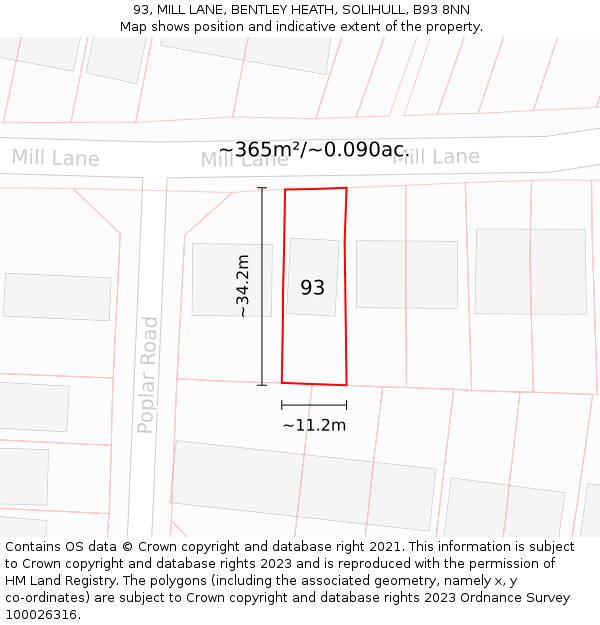 93, MILL LANE, BENTLEY HEATH, SOLIHULL, B93 8NN: Plot and title map