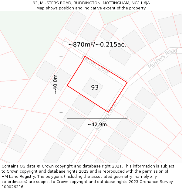 93, MUSTERS ROAD, RUDDINGTON, NOTTINGHAM, NG11 6JA: Plot and title map