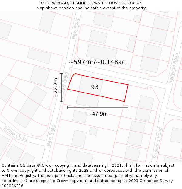 93, NEW ROAD, CLANFIELD, WATERLOOVILLE, PO8 0NJ: Plot and title map