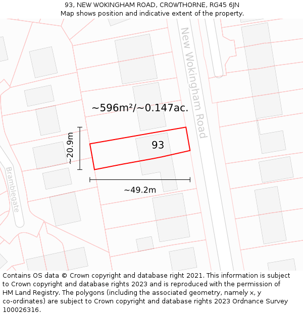 93, NEW WOKINGHAM ROAD, CROWTHORNE, RG45 6JN: Plot and title map