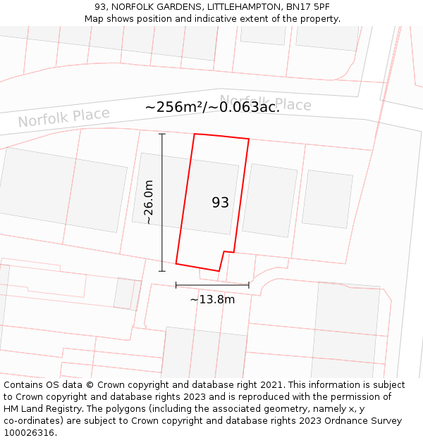 93, NORFOLK GARDENS, LITTLEHAMPTON, BN17 5PF: Plot and title map