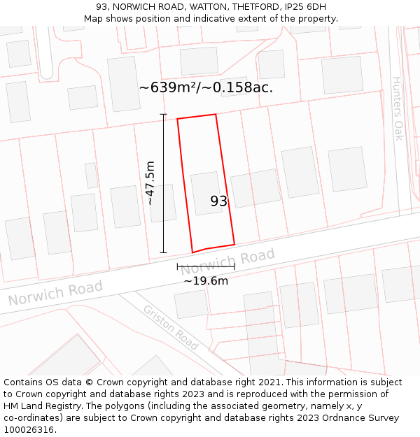 93, NORWICH ROAD, WATTON, THETFORD, IP25 6DH: Plot and title map