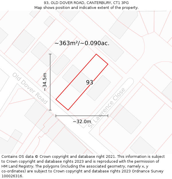 93, OLD DOVER ROAD, CANTERBURY, CT1 3PG: Plot and title map