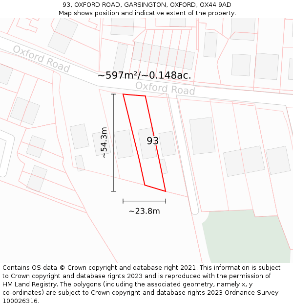 93, OXFORD ROAD, GARSINGTON, OXFORD, OX44 9AD: Plot and title map