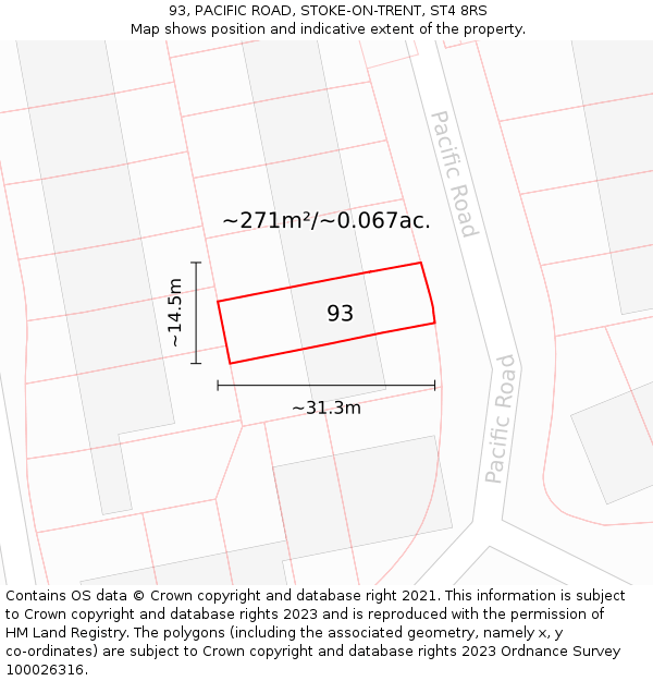 93, PACIFIC ROAD, STOKE-ON-TRENT, ST4 8RS: Plot and title map