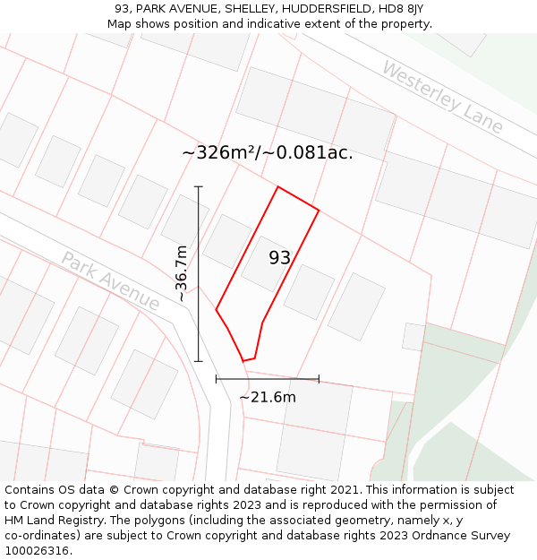 93, PARK AVENUE, SHELLEY, HUDDERSFIELD, HD8 8JY: Plot and title map