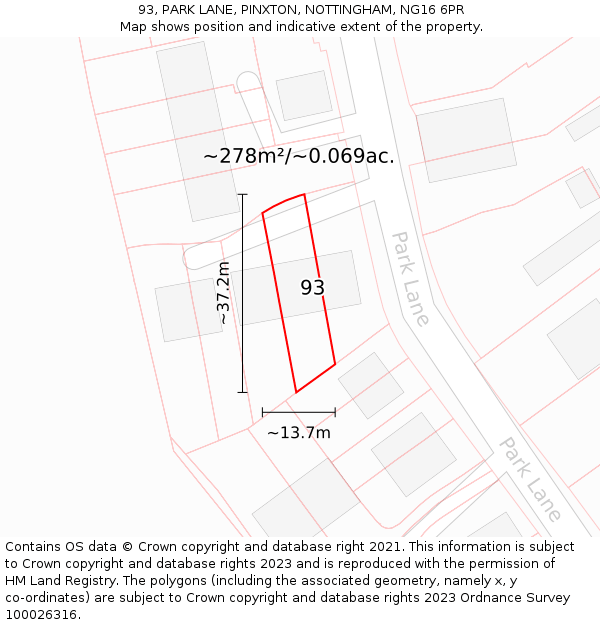 93, PARK LANE, PINXTON, NOTTINGHAM, NG16 6PR: Plot and title map