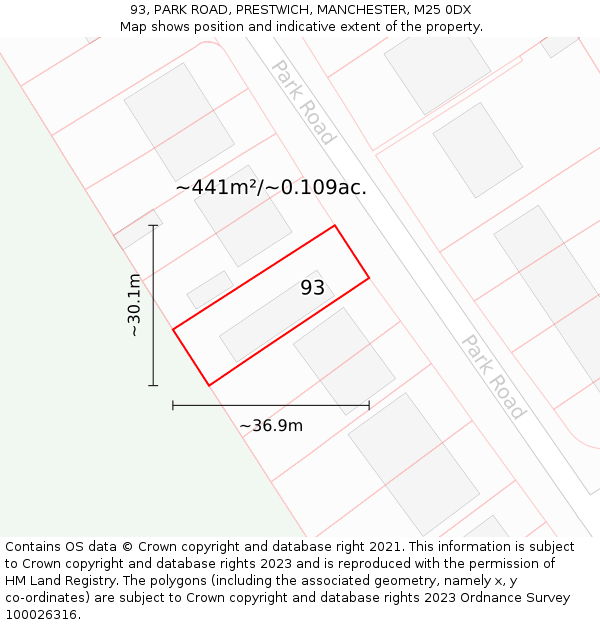 93, PARK ROAD, PRESTWICH, MANCHESTER, M25 0DX: Plot and title map