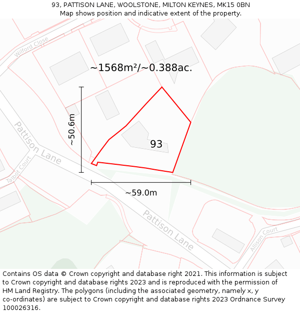 93, PATTISON LANE, WOOLSTONE, MILTON KEYNES, MK15 0BN: Plot and title map