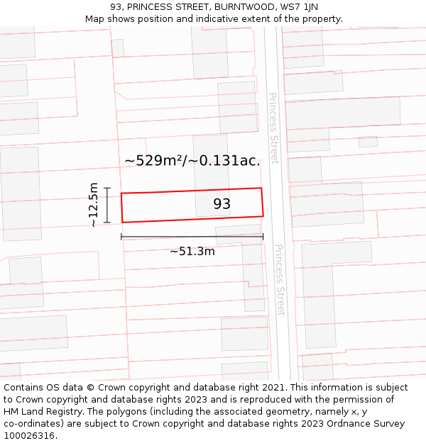 93, PRINCESS STREET, BURNTWOOD, WS7 1JN: Plot and title map