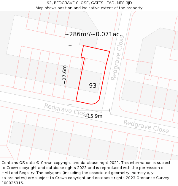 93, REDGRAVE CLOSE, GATESHEAD, NE8 3JD: Plot and title map