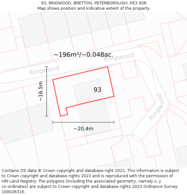 93, RINGWOOD, BRETTON, PETERBOROUGH, PE3 9SR: Plot and title map