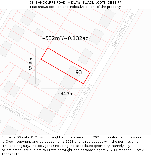 93, SANDCLIFFE ROAD, MIDWAY, SWADLINCOTE, DE11 7PJ: Plot and title map