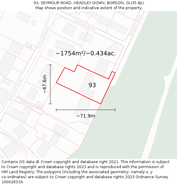 93, SEYMOUR ROAD, HEADLEY DOWN, BORDON, GU35 8JU: Plot and title map