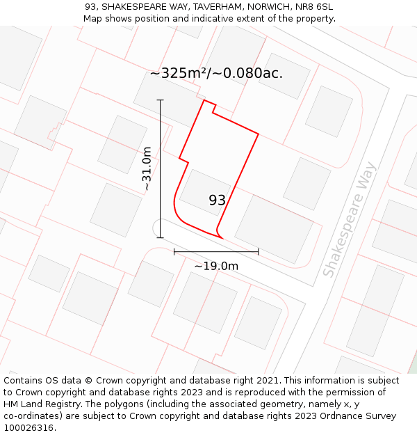 93, SHAKESPEARE WAY, TAVERHAM, NORWICH, NR8 6SL: Plot and title map