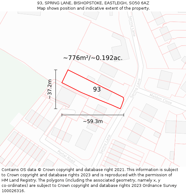 93, SPRING LANE, BISHOPSTOKE, EASTLEIGH, SO50 6AZ: Plot and title map