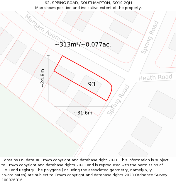 93, SPRING ROAD, SOUTHAMPTON, SO19 2QH: Plot and title map