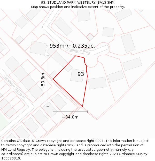 93, STUDLAND PARK, WESTBURY, BA13 3HN: Plot and title map