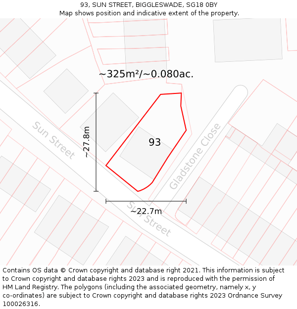 93, SUN STREET, BIGGLESWADE, SG18 0BY: Plot and title map