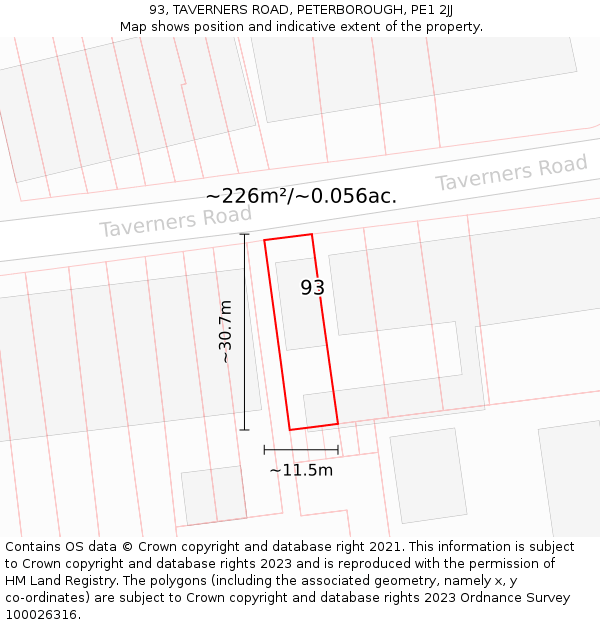 93, TAVERNERS ROAD, PETERBOROUGH, PE1 2JJ: Plot and title map