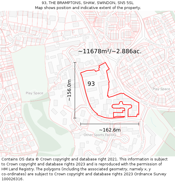 93, THE BRAMPTONS, SHAW, SWINDON, SN5 5SL: Plot and title map