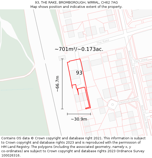 93, THE RAKE, BROMBOROUGH, WIRRAL, CH62 7AG: Plot and title map