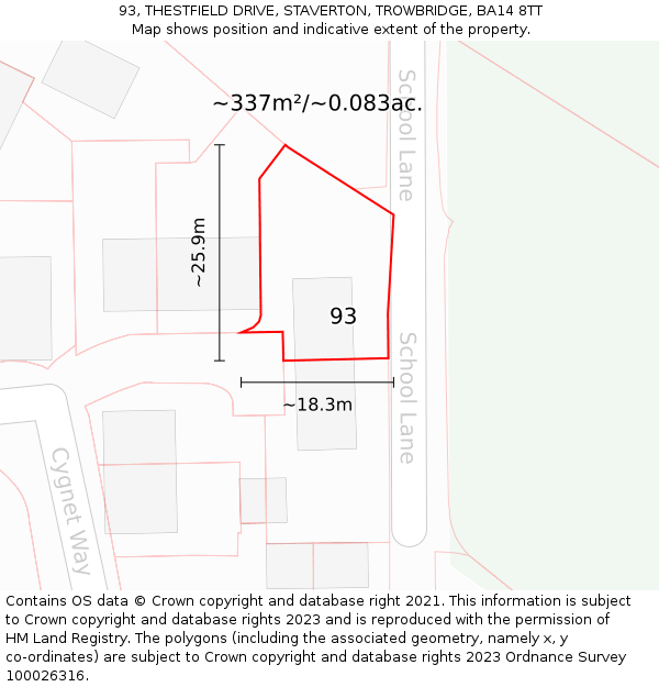 93, THESTFIELD DRIVE, STAVERTON, TROWBRIDGE, BA14 8TT: Plot and title map