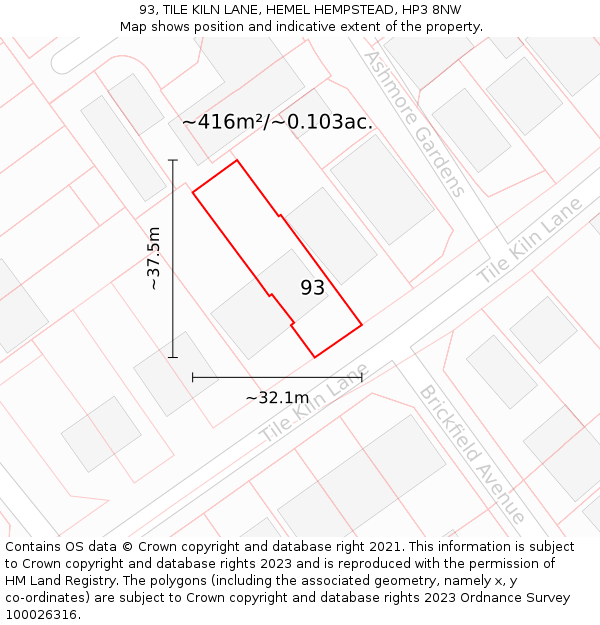 93, TILE KILN LANE, HEMEL HEMPSTEAD, HP3 8NW: Plot and title map