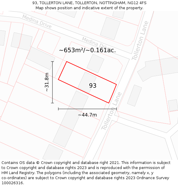 93, TOLLERTON LANE, TOLLERTON, NOTTINGHAM, NG12 4FS: Plot and title map